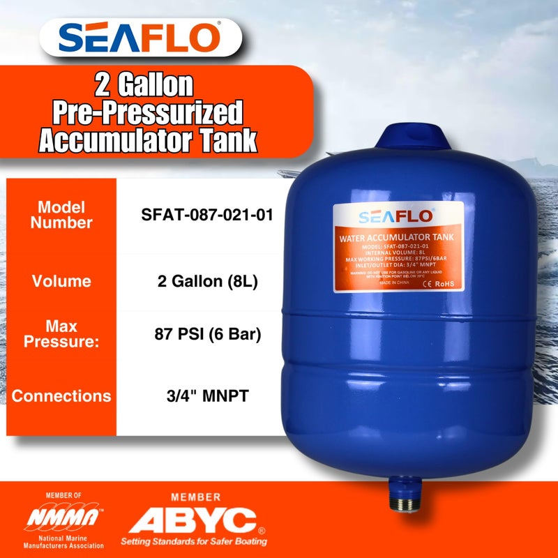 SEAFLO 2 Gallon Pre-Pressurized Accumulator Expansion Tank â€“ Reduces Pump Cycling, Smooth Water Flow, 87 PSI, 3/4" MNPT, Compact Design for RV, Marine, Boat & Off-Grid Systems â€“ 4-Year Warranty - Image 2